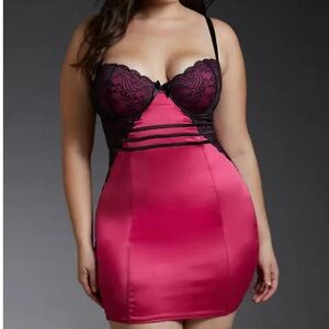 Torrid Chemise 2X Night Time Dress Nightie Neon Pink Black Lace Padded Underwire